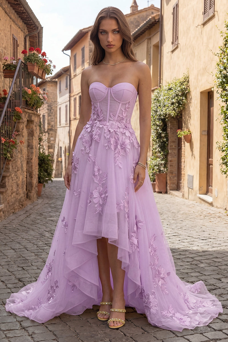 Yellow A Line Floral Strapless High-Low Corset Prom Dress with Ruffles