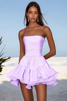 Fuchsia Chiffon Strapless A Line Ruched Short Cocktail Dress with Ruffles