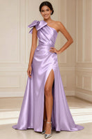 Load image into Gallery viewer, Silver Satin One Shoulder A Line Long Mother of the Bride Dress with Bow