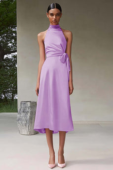Dusty Sage A Line Satin Halter Long Formal Dress
