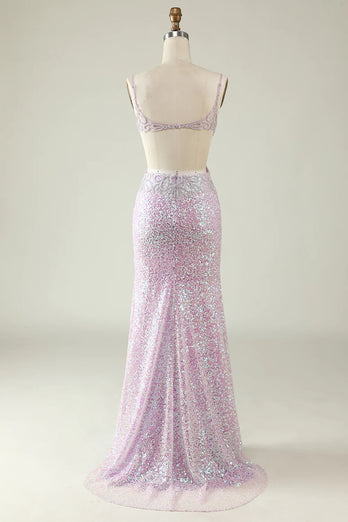 V-Neck Hollow-Out Backless Sequins Mermaid Prom Dress with Slit