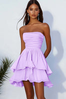Load image into Gallery viewer, Fuchsia Chiffon A Line Ruched Strapless Short Cocktail Dress with Ruffles