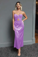 Load image into Gallery viewer, Dark Green Strapless Cut Out Sheath Satin Long Formal Dress