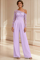 Load image into Gallery viewer, Sparkly Navy Beaded Asymmetrical Neck Long Mother of the Bride Jumpsuits with Lace