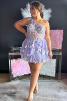 Load image into Gallery viewer, Sparkly Dark Blue One Shoulder Tiered Homecoming Dress with Lace
