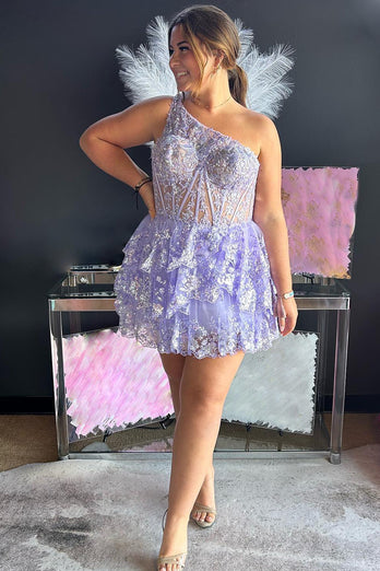 Sparkly Pink One Shoulder Tiered Homecoming Dress with Lace