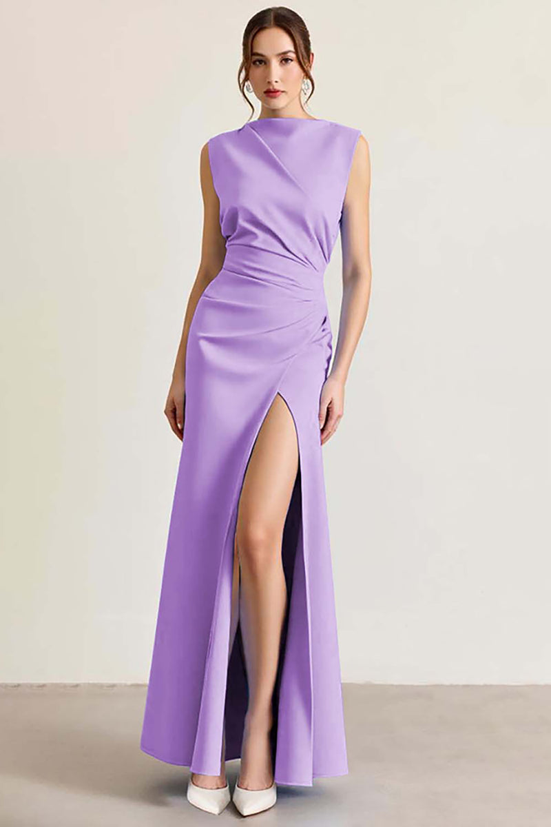 Load image into Gallery viewer, Queendancer Women Dusty Rose Sheath Long Formal Dress with Slit Sleeveless Ruched Prom Dress