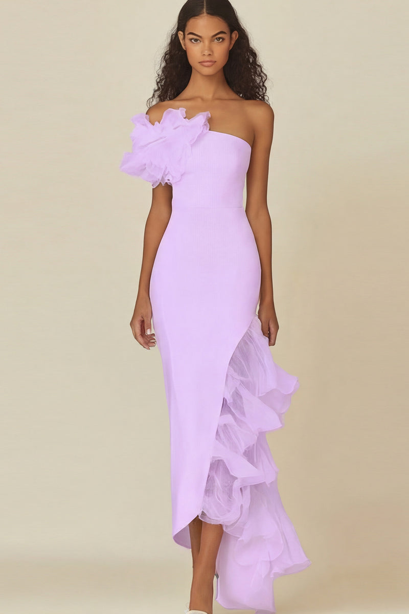 Load image into Gallery viewer, White Sheath Asymmetrical Long Rehearsal Dinner Dress with Ruffles