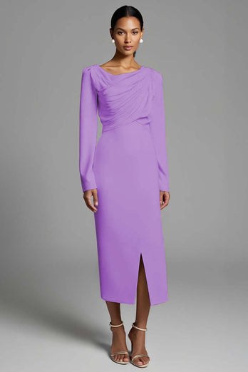 Ivory Sheath Ruched Long Sleeves Work Dress with Slit