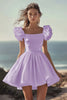 Load image into Gallery viewer, Black A Line Satin Mini Graduation Dress with Ruffles