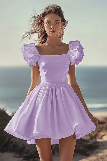 Black A Line Satin Mini Graduation Dress with Ruffles