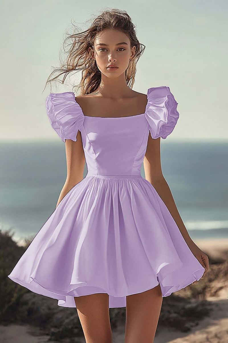 Load image into Gallery viewer, Black A Line Satin Mini Graduation Dress with Ruffles