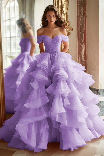 Pink Ball Gown A Line Tulle Off the Shoulder Tiered Long Quinceanera Dress with Ruffles
