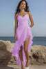 Load image into Gallery viewer, Queendancer Women Dusty Sage Chiffon High-Low Rehearsal Dinner Dress with Ruffles V-Neck Spaghetti Straps Ruched Long Engagement Dress