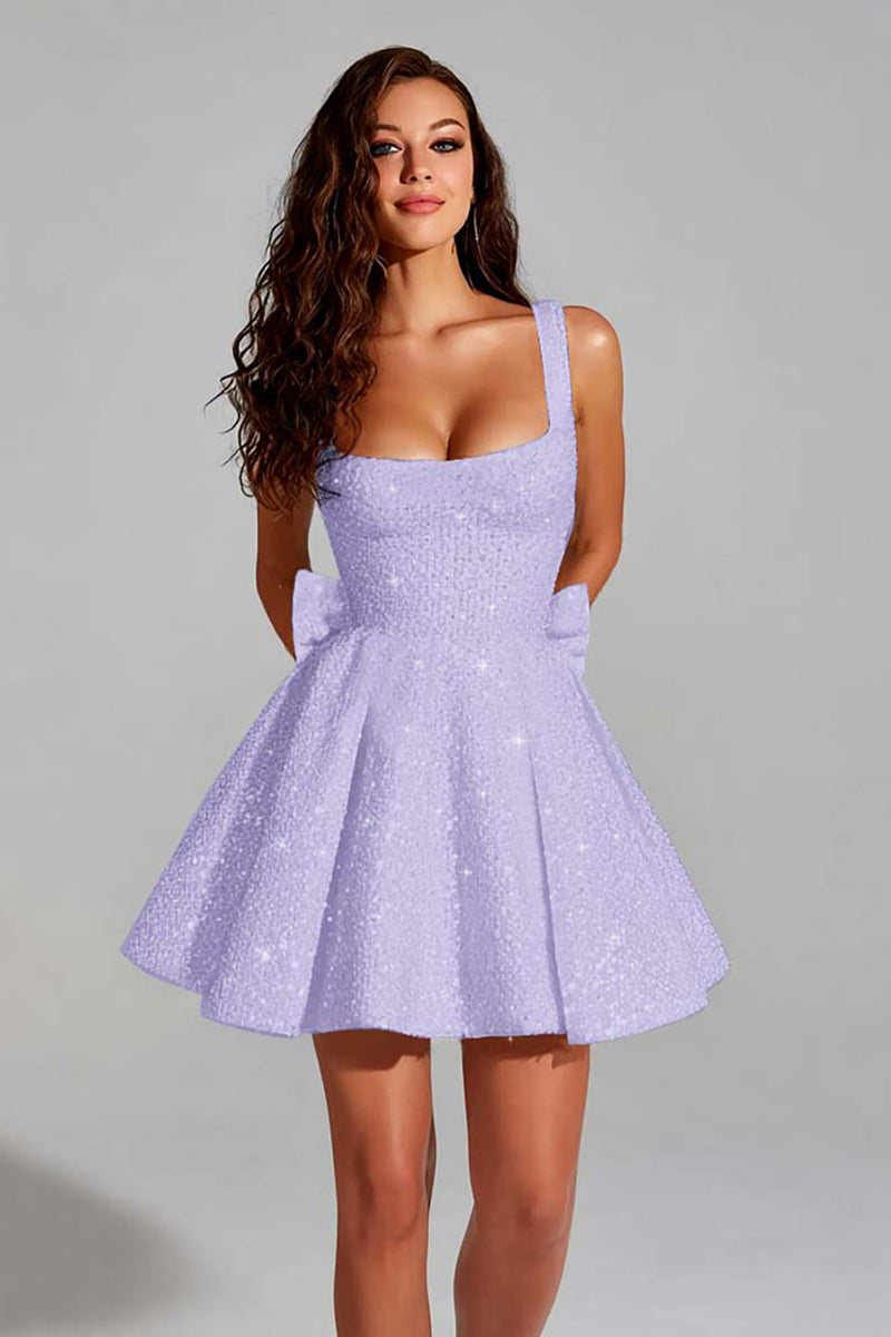 Load image into Gallery viewer, Sparkly Royal Blue A Line Square Neck Sequins Short Homecoming Dress with Bow