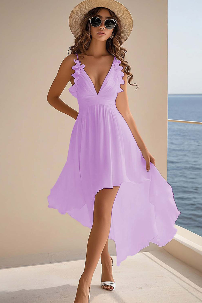 Load image into Gallery viewer, Queendancer Women Dusty Sage Chiffon High Low Rehearsai Dinner Dress Ruffled A Line Spaghetti Straps Boho Summer Dress