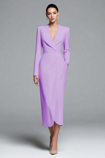 Dusty Rose Sheath Satin V-Neck Ruched Long Sleeves Work Dress
