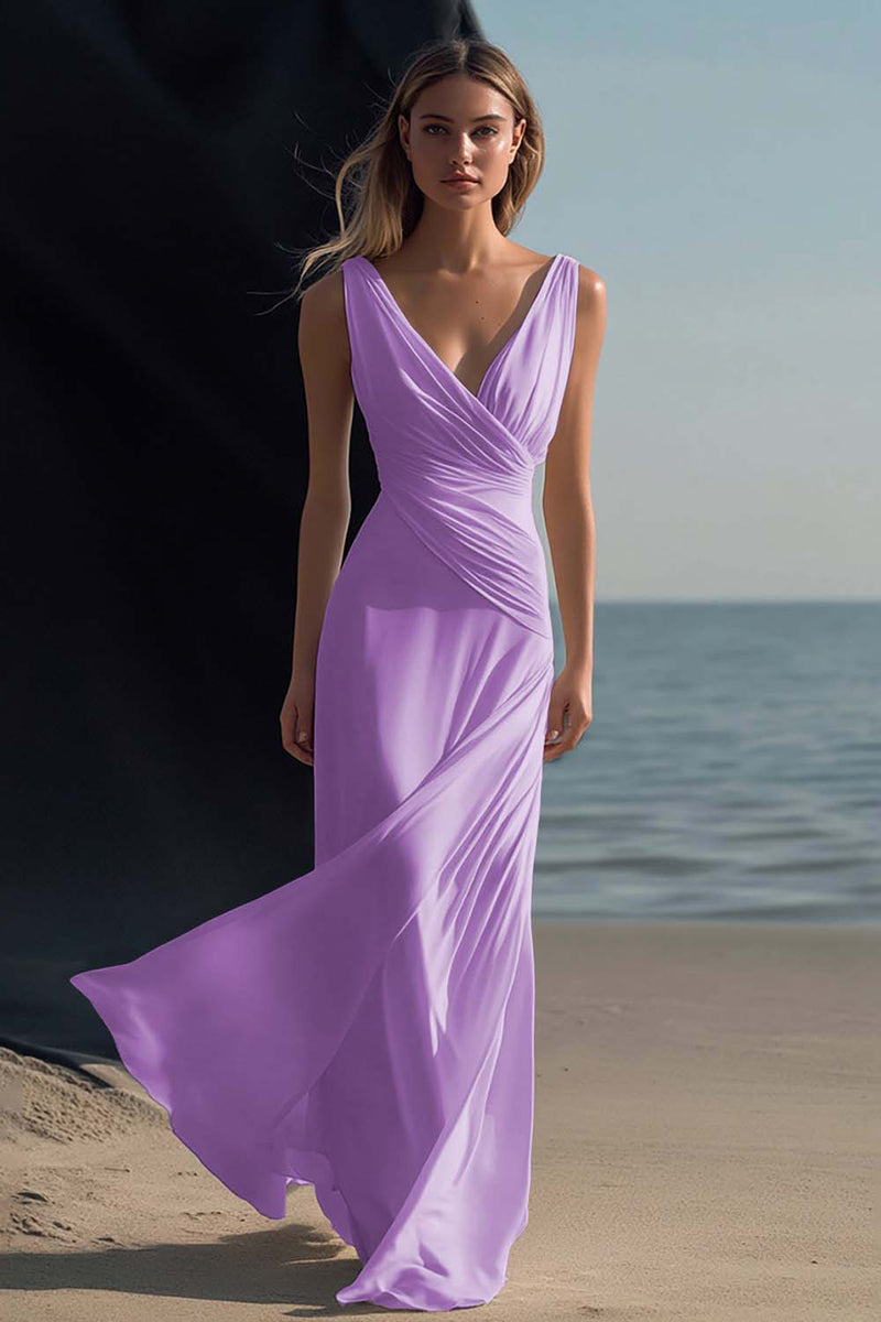 Load image into Gallery viewer, White Chiffon Sheath V-Neck Ruched Long Rehearsal Dinner Dress