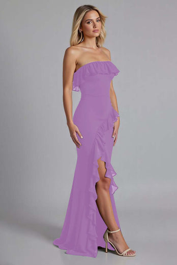 Chiffon Burgundy Ruffled Sheath Long Formal Dress with Slit