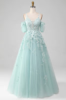 Load image into Gallery viewer, Mint Tulle A Line Appliqued Long Prom Dress With Slit