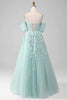 Load image into Gallery viewer, Mint Tulle A Line Appliqued Long Prom Dress With Slit