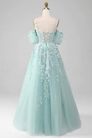 Load image into Gallery viewer, Mint Tulle A Line Appliqued Long Prom Dress With Slit