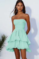 Load image into Gallery viewer, Fuchsia Chiffon A Line Ruched Strapless Short Cocktail Dress with Ruffles
