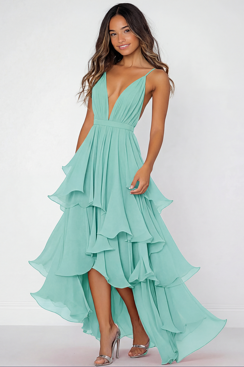 Load image into Gallery viewer, Red A Line V-Neck Pleated Long Chiffon Formal Dress