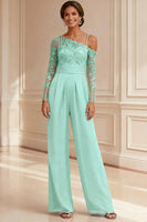 Load image into Gallery viewer, Sparkly Navy Beaded Asymmetrical Neck Long Mother of the Bride Jumpsuits with Lace