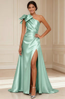 Load image into Gallery viewer, Silver Satin One Shoulder A Line Long Mother of the Bride Dress with Bow
