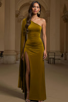 Load image into Gallery viewer, Dark Green Velvet Sheath One Shoulder Long Holiday Party Dress with Slit