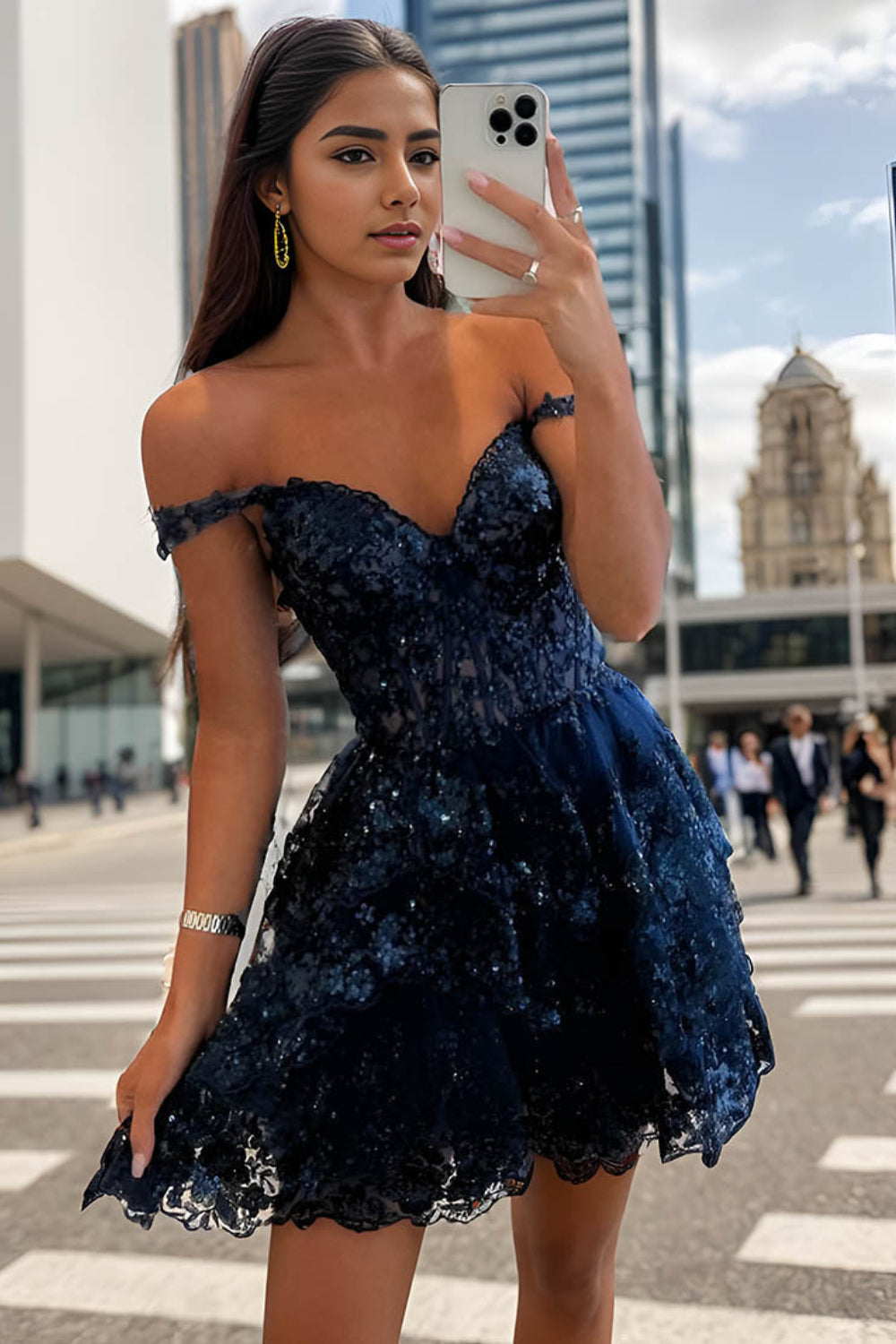Sparkly A Line Off the Shoulder Navy Corset Homecoming Dress with Tiered Lace