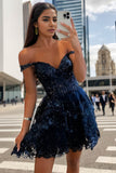 Sparkly A Line Off the Shoulder Navy Corset Homecoming Dress with Tiered Lace