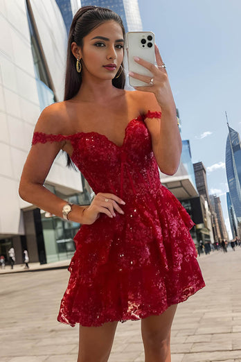 Off Shoulder Long A-line Red Lace Prom Dresses, Formal Dresses