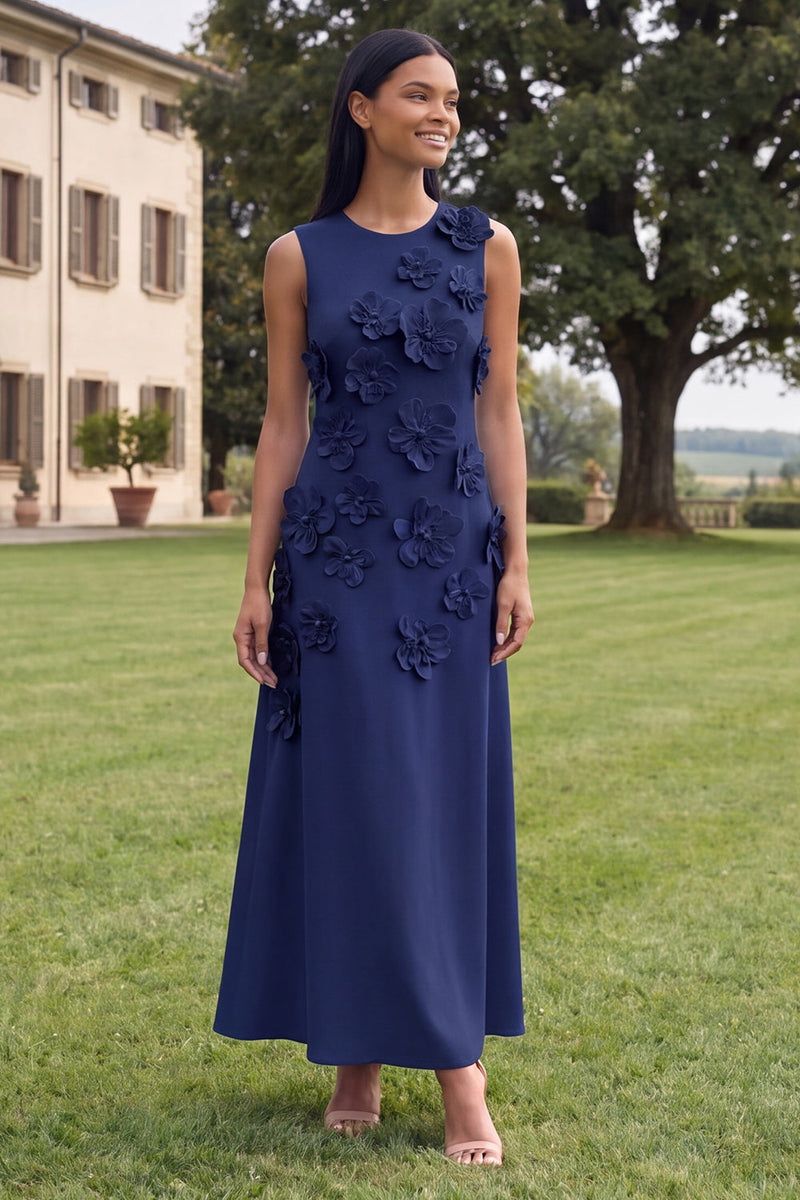 Load image into Gallery viewer, Hot Pink Round Neck A Line Floral Maxi Formal Dress