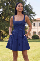 Load image into Gallery viewer, Blue Floral Square Neck A Line Short Homecoming Dress with Pockets