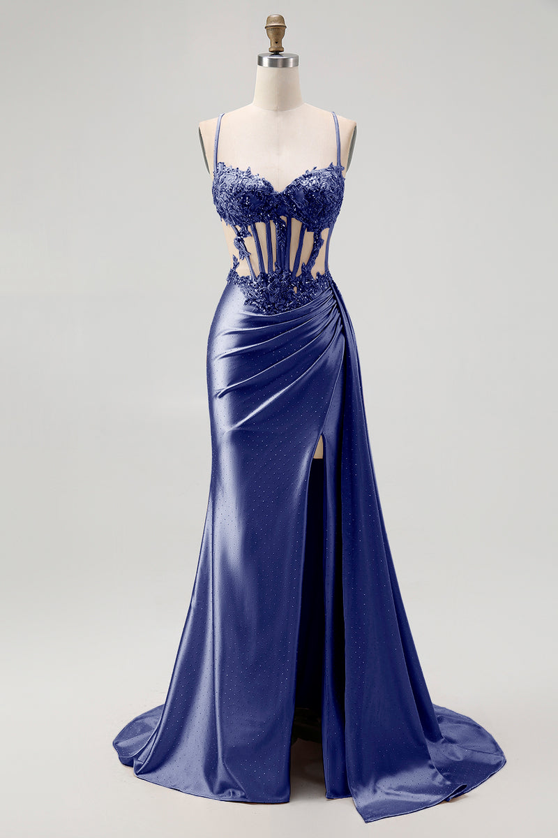 Load image into Gallery viewer, Sparkly Champagne Mermaid Spaghetti Straps Ruched Long Prom Dress with Beading
