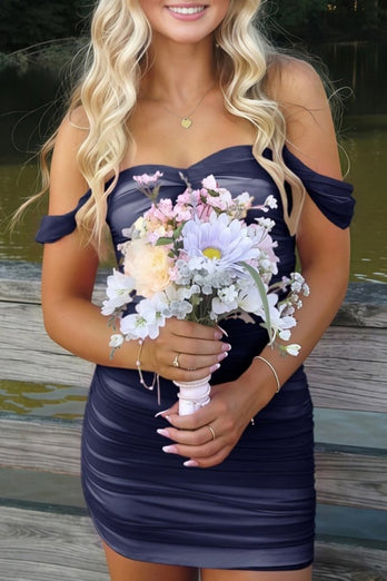 Black Satin Tight Off the Shoulder Mini Party Dress