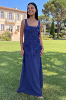Load image into Gallery viewer, Blue Square Neck A Line Floral Maxi Formal Dress