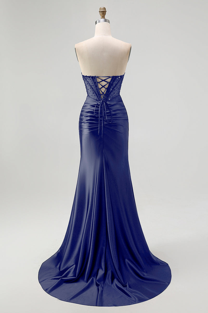 Load image into Gallery viewer, Sparkly Black Mermaid Satin Sweetheart Long Corset Prom Dress with Slit