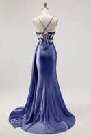 Load image into Gallery viewer, Sparkly Champagne Mermaid Spaghetti Straps Ruched Long Prom Dress with Beading