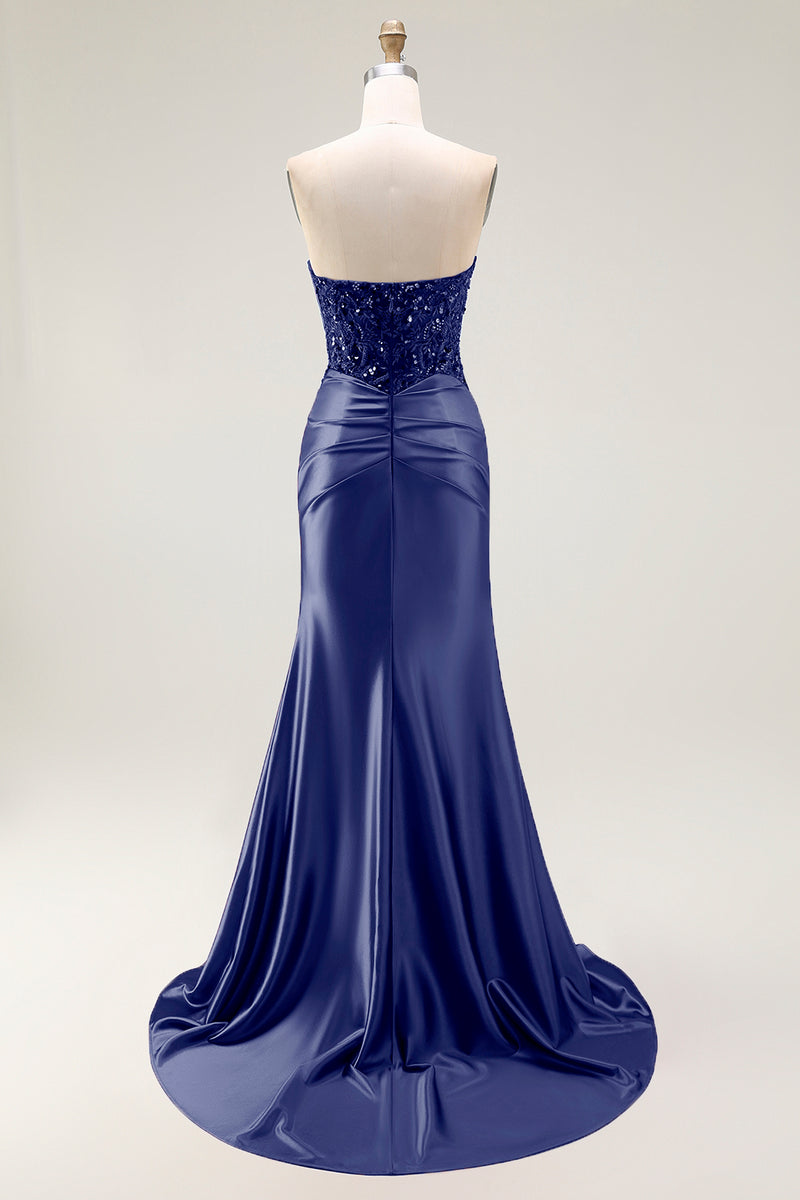 Load image into Gallery viewer, Sparkly Red Satin Mermaid Sweetheart Long Prom Dress with Sequins