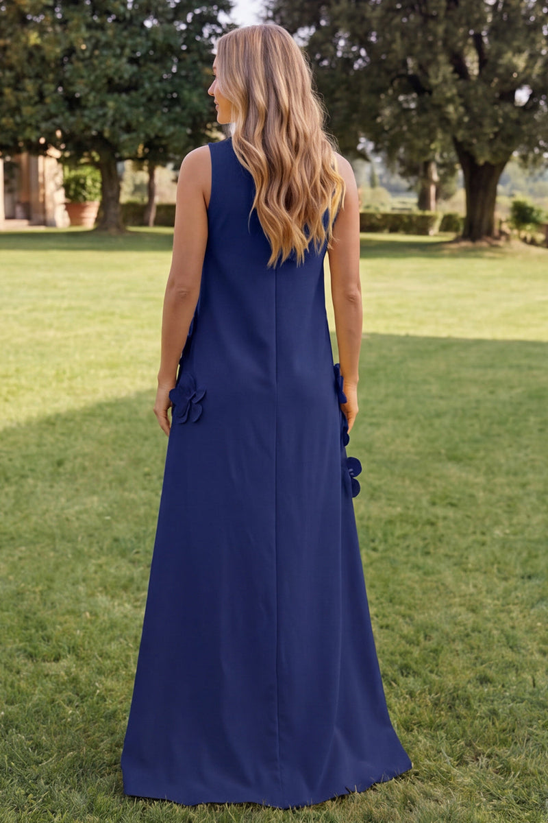 Load image into Gallery viewer, Blue A Line Floral High Neck Long Formal Dress