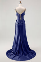 Load image into Gallery viewer, Sparkly Blush Spaghetti Straps Satin Mermaid Beaded Long Corset Prom Dress