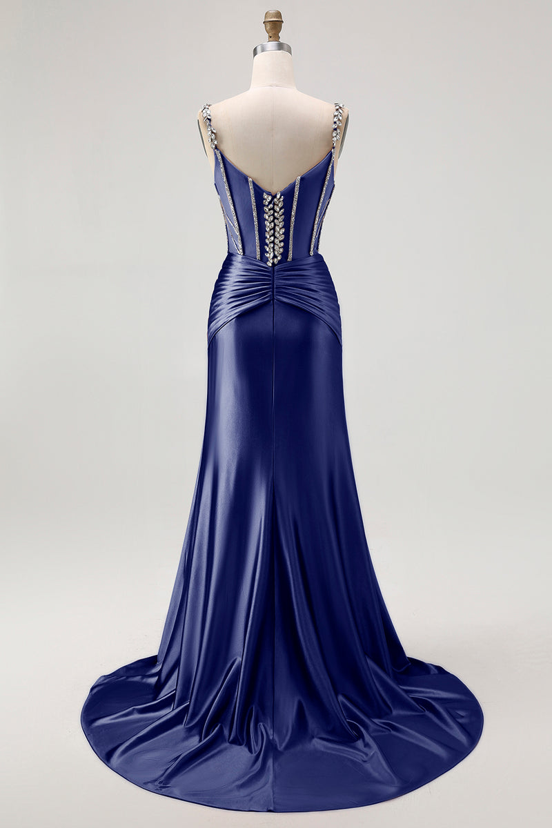 Load image into Gallery viewer, Sparkly Blush Spaghetti Straps Satin Mermaid Beaded Long Corset Prom Dress