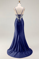 Load image into Gallery viewer, Sparkly Grey Pink Satin Mermaid Ruched Long Corset Prom Dress with Slit