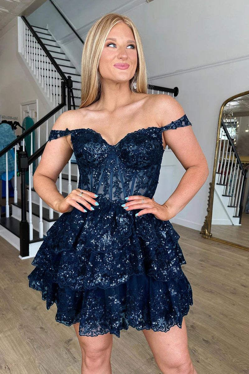 Load image into Gallery viewer, Sparkly Dark Red A Line Off the Shoulder Corset Homecoming Dress with Tiered Lace