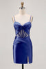 Load image into Gallery viewer, Grey Blue Satin Corset Ruched Tight Short Homecoming Dress with Slit