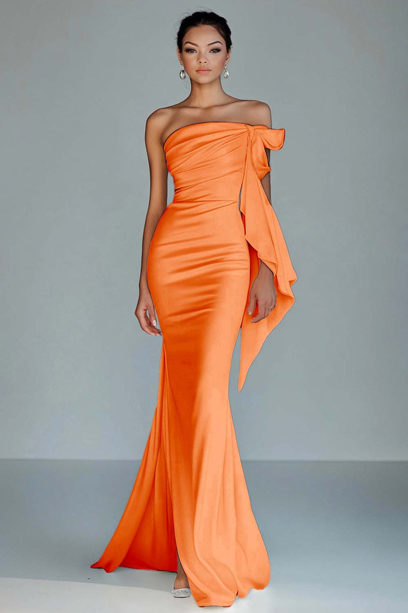 Load image into Gallery viewer, Black Strapless Sheath Satin Long Formal Dress with Slit