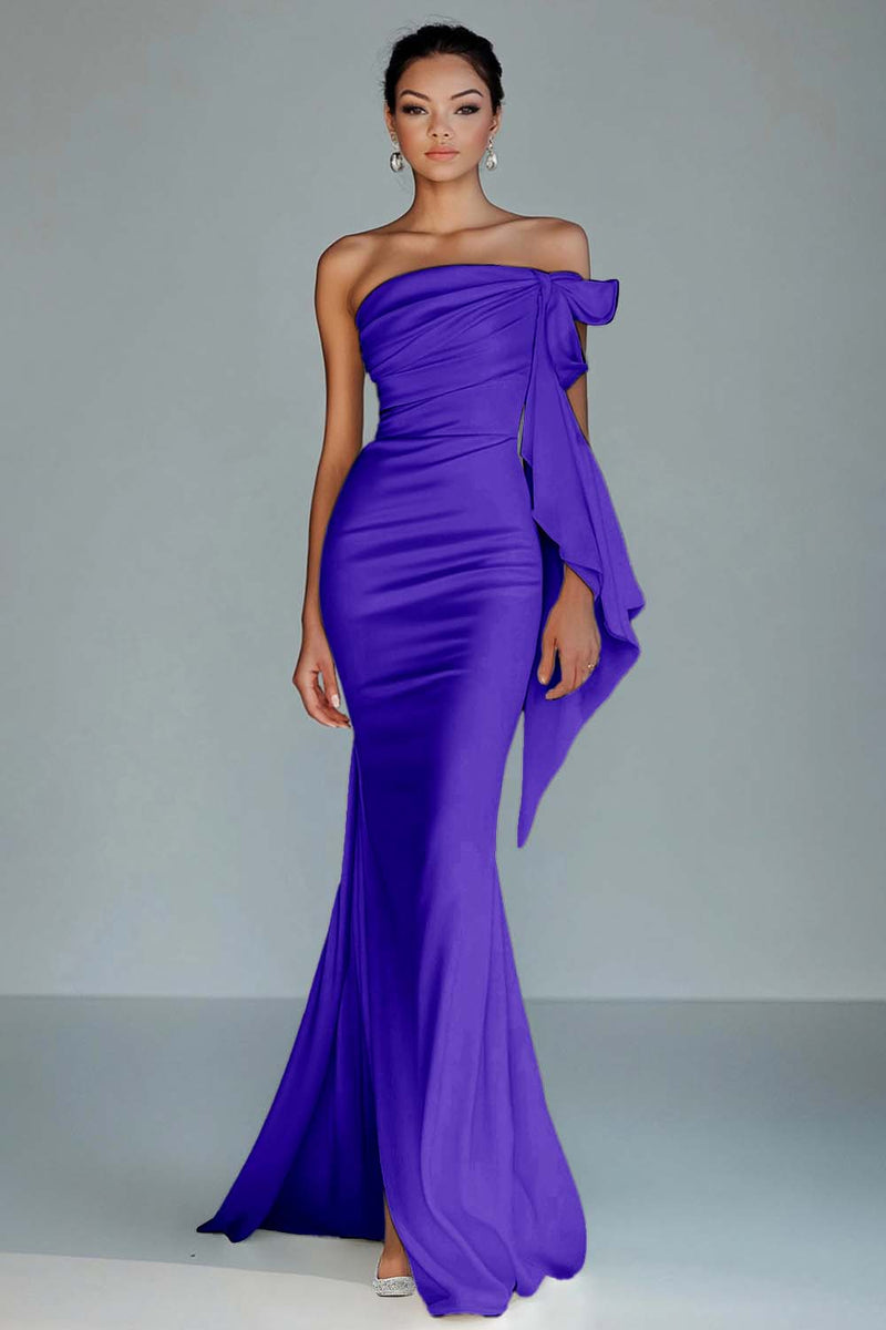 Load image into Gallery viewer, Black Strapless Sheath Satin Long Formal Dress with Slit